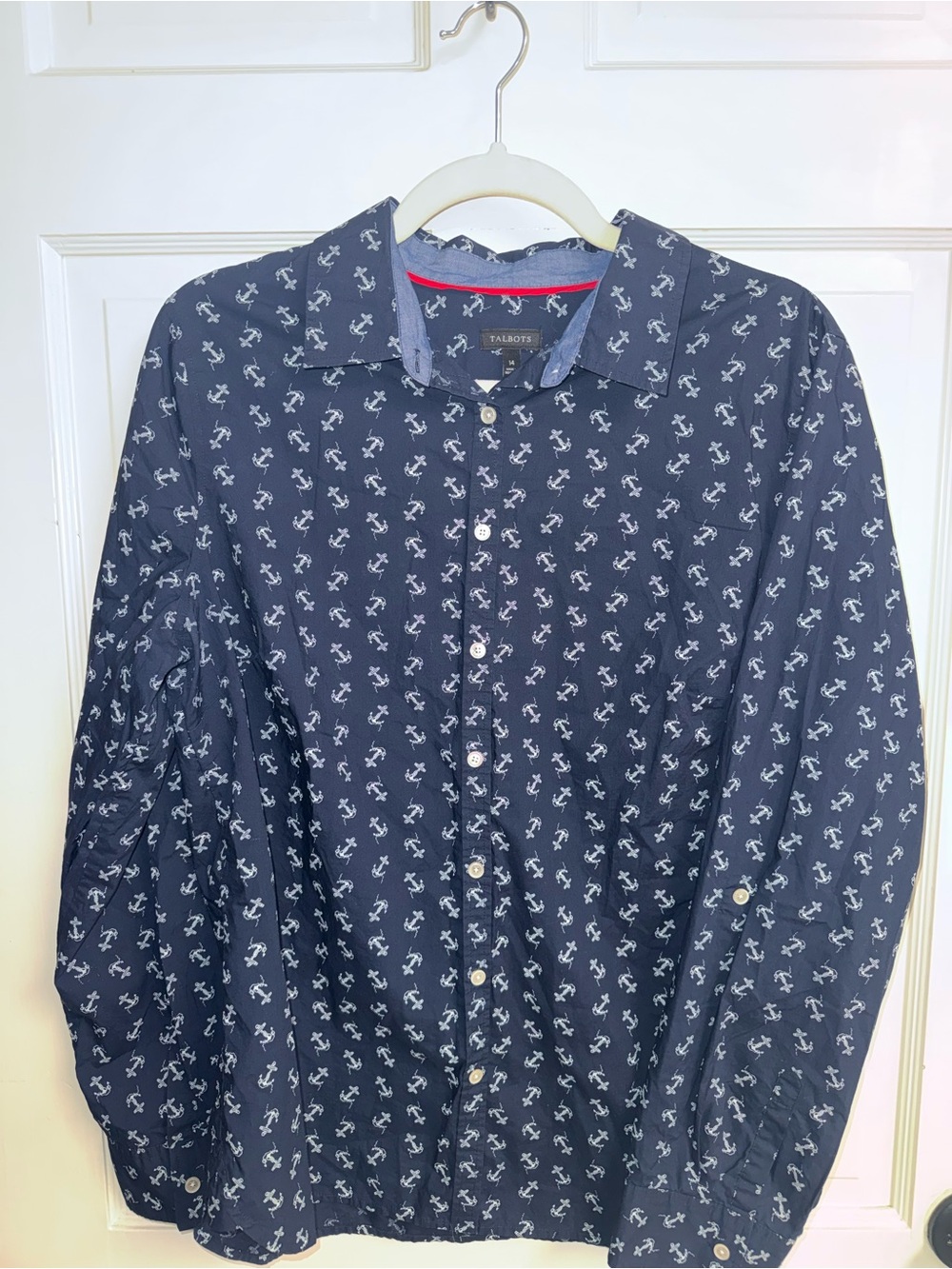 Talbots Navy Anchor-Print Button Front Shirt with Red Trim
